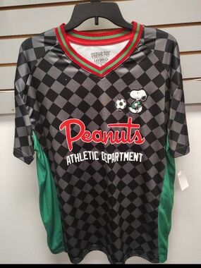 Peanuts Mens Soccer Jersey in Black, Green & Red